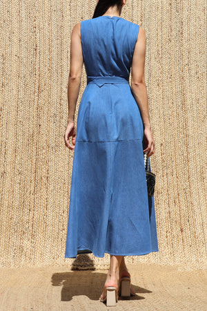 DD8680, Vintage Washed Denim Belted Midi Dress