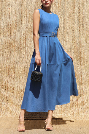 DD8680, Vintage Washed Denim Belted Midi Dress