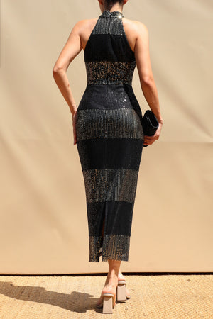 DD8716, Sequin Mock Neck Midi Dress