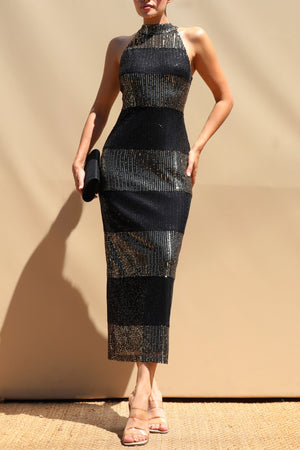 DD8716, Sequin Mock Neck Midi Dress
