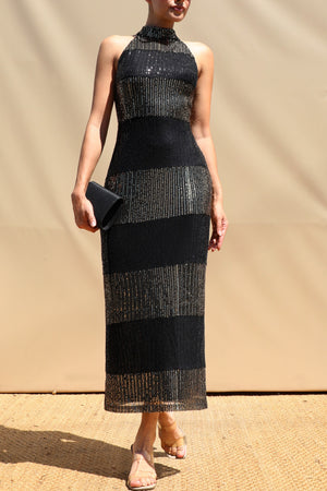DD8716, Sequin Mock Neck Midi Dress
