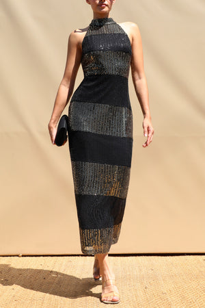DD8716, Sequin Mock Neck Midi Dress