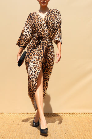 DD8762, Leopard Knit Ruched Bodycon Dress