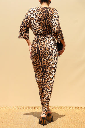 DD8762, Leopard Knit Ruched Bodycon Dress