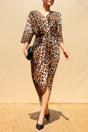 DD8762, Leopard Knit Ruched Bodycon Dress