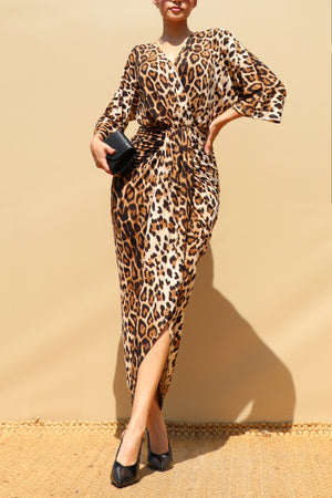 DD8762, Leopard Knit Ruched Bodycon Dress