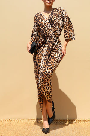 DD8762, Leopard Knit Ruched Bodycon Dress