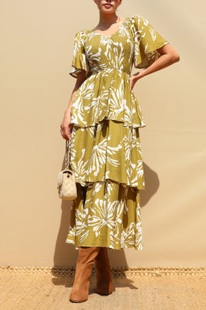 DD8527, Smocked Top Tiered Midi Dress