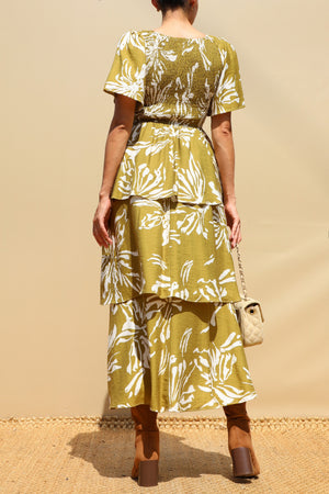 DD8527, Smocked Top Tiered Midi Dress