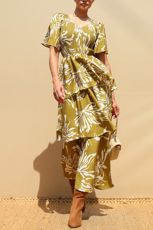 DD8527, Smocked Top Tiered Midi Dress