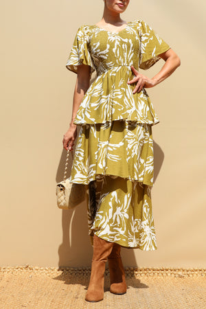 DD8527, Smocked Top Tiered Midi Dress