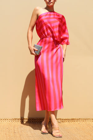 DD8681, Printed One Shoulder Satin Midi Dress
