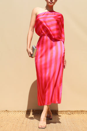 DD8681, Printed One Shoulder Satin Midi Dress