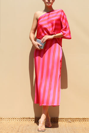 DD8681, Printed One Shoulder Satin Midi Dress