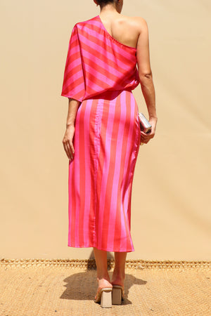 DD8681, Printed One Shoulder Satin Midi Dress