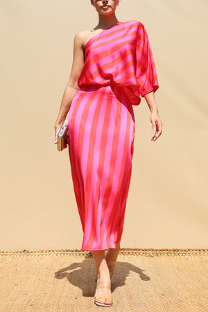 DD8681, Printed One Shoulder Satin Midi Dress