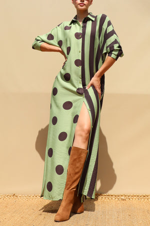 DD8655, Polka Dot & Striped Loose Fit Shirt Maxi Dress
