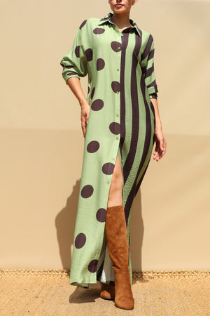 DD8655, Polka Dot & Striped Loose Fit Shirt Maxi Dress
