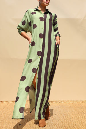 DD8655, Polka Dot & Striped Loose Fit Shirt Maxi Dress