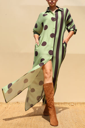 DD8655, Polka Dot & Striped Loose Fit Shirt Maxi Dress