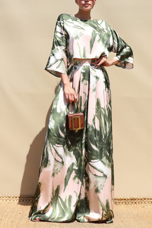 DD8718, Leaf Print Satin Top and Pants Set