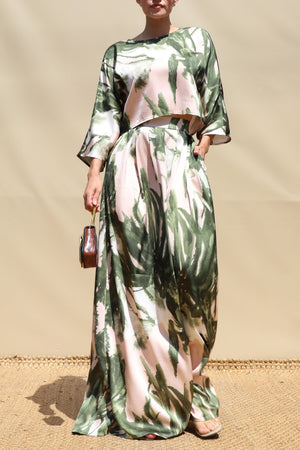 DD8718, Leaf Print Satin Top and Pants Set