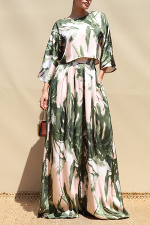 DD8718, Leaf Print Satin Top and Pants Set