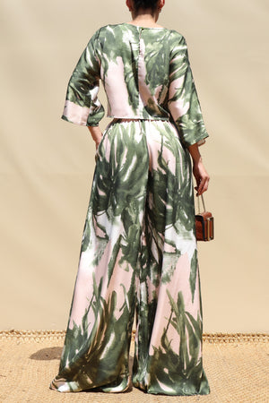 DD8718, Leaf Print Satin Top and Pants Set