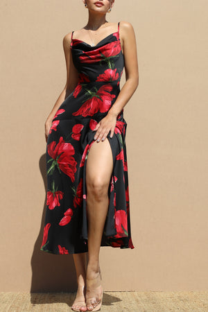 DD8720, Rose Printed Cowl Neck Satin Midi Dress