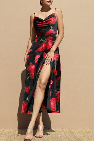 DD8720, Rose Printed Cowl Neck Satin Midi Dress