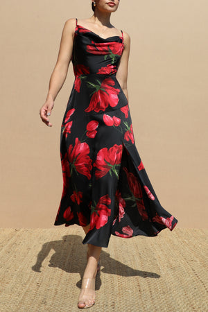 DD8720, Rose Printed Cowl Neck Satin Midi Dress
