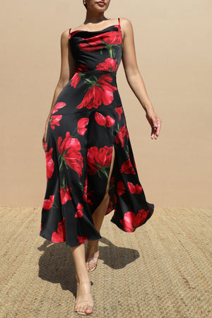 DD8720, Rose Printed Cowl Neck Satin Midi Dress