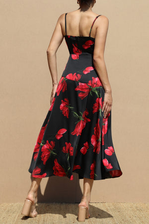 DD8720, Rose Printed Cowl Neck Satin Midi Dress