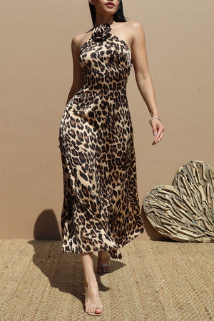 DD8773, Leopard Corsage Satin Midi Dress