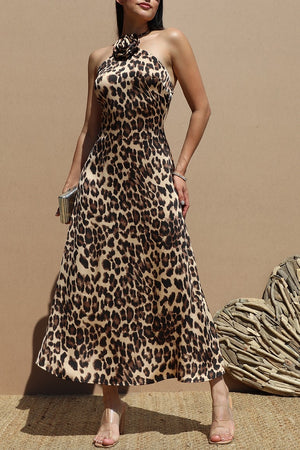 DD8773, Leopard Corsage Satin Midi Dress