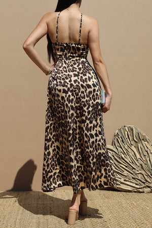 DD8773, Leopard Corsage Satin Midi Dress