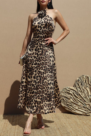 DD8773, Leopard Corsage Satin Midi Dress