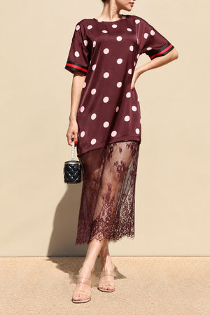 DD8735, Polka Dot Loose Fit Satin Midi Dress