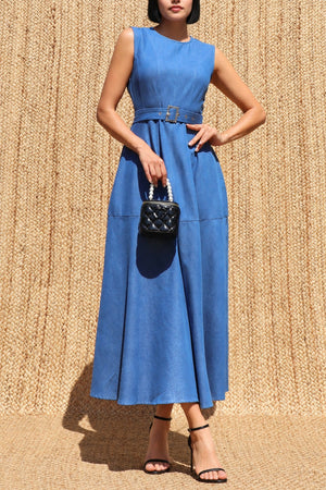 DD8680, Vintage Washed Denim Belted Midi Dress