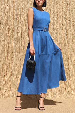 DD8680, Vintage Washed Denim Belted Midi Dress