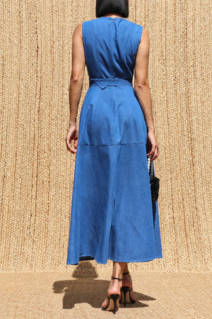 DD8680, Vintage Washed Denim Belted Midi Dress