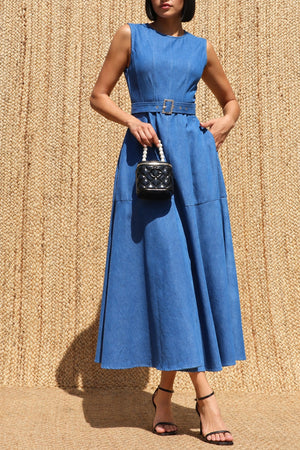 DD8680, Vintage Washed Denim Belted Midi Dress