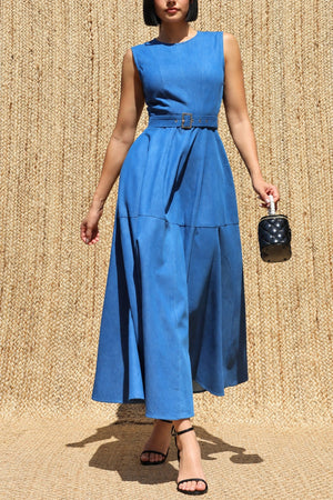 DD8680, Vintage Washed Denim Belted Midi Dress
