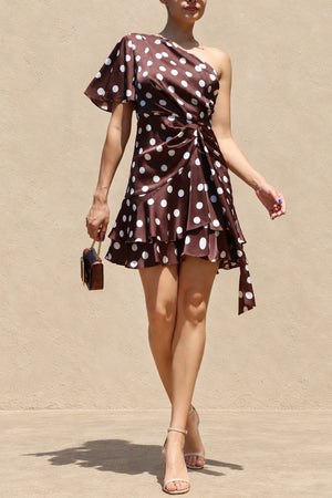 DD8482, Polka Dot One Shoulder Ruffled Satin Mini Dress