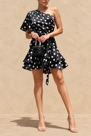 DD8482, Polka Dot One Shoulder Ruffled Satin Mini Dress
