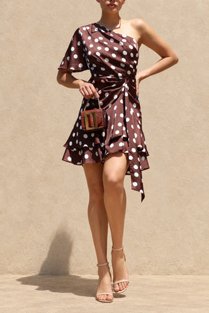 DD8482, Polka Dot One Shoulder Ruffled Satin Mini Dress