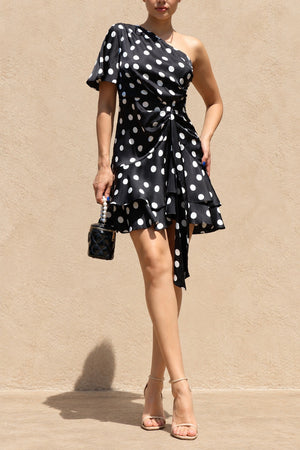 DD8482, Polka Dot One Shoulder Ruffled Satin Mini Dress