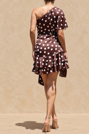 DD8482, Polka Dot One Shoulder Ruffled Satin Mini Dress