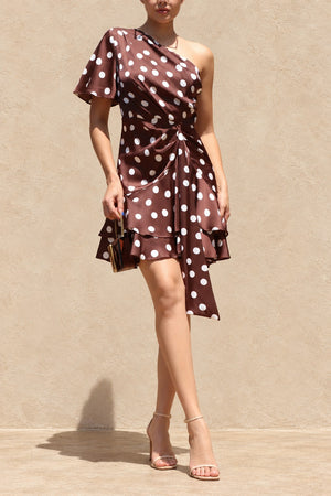 DD8482, Polka Dot One Shoulder Ruffled Satin Mini Dress