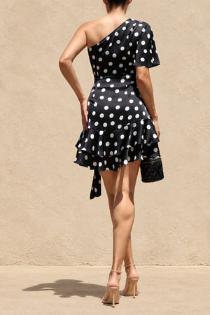 DD8482, Polka Dot One Shoulder Ruffled Satin Mini Dress